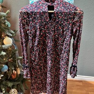 Libby Edelman midi holiday Floral Dress with mock neck. Dark romance, whimsical